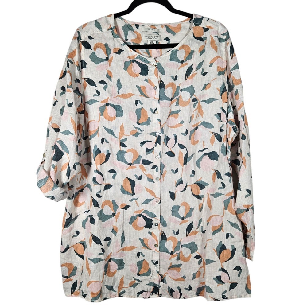 RACHEL ZOE Top 2X Plus Linen Floral Button Up Tunic Roll Tab Sleeve Coastal Boho